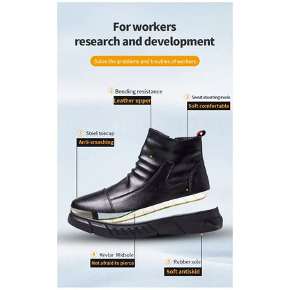 Fashion 2025 Black Leather Safety Work Shoes for Men Indestructible Steel Toe Cap Anti Nail Anti Slip Male Boots Footwear