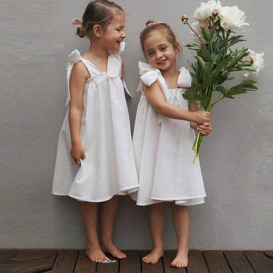 Summer Girl's Bow Tie Shoulder Straps 100% Cotton White Dress 2026 New Flower Girl Loose Vacation Party Princess Dresses