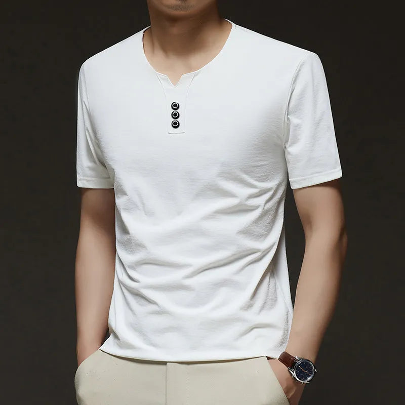 2026 New Men's Business Casual Three Button V-neck Short Sleeved T-shirt Korean Style Summer Comfortable Versatile Top