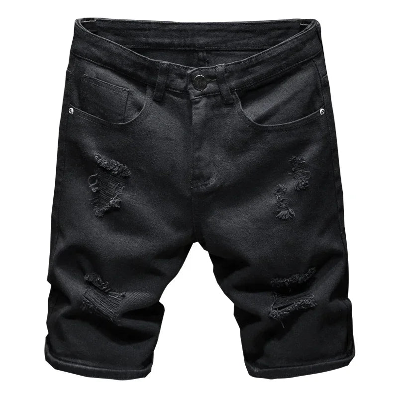 2024 New Summer Men's Casual Fashion Straight Denim Shorts Simple Ripped Streetwear Slim Fit Denim Shorts Male Black White