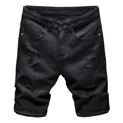 2024 New Summer Men's Casual Fashion Straight Denim Shorts Simple Ripped Streetwear Slim Fit Denim Shorts Male Black White