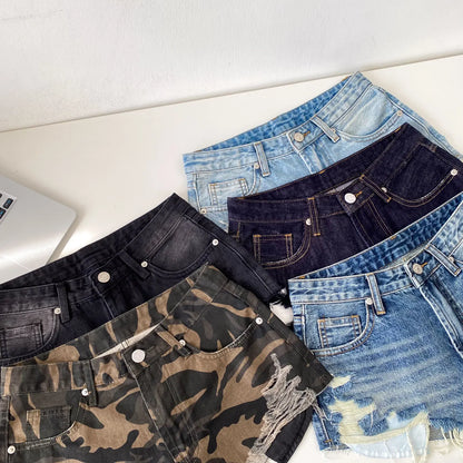American Retro Camouflage Mini Shorts 2026 Ladies Hollow Out Slim Beach Pants Hot Girl Sexy Print Denim Shorts