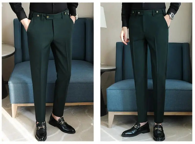 Pure Color Male Business Wedding Dress Pants Fashion Unique Design Men Waist Adjustable Suit Pant No Belt Slim Trousers Homme