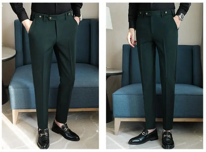 Pure Color Male Business Wedding Dress Pants Fashion Unique Design Men Waist Adjustable Suit Pant No Belt Slim Trousers Homme