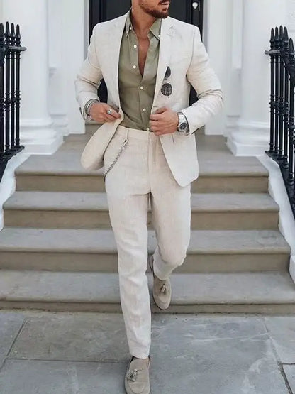 Men's Linen Suit 2 Piece Slim Fit Suit Summer Beach Wedding Suit Groosmen Prom Tuxedo Linen Blazer Pants Set
