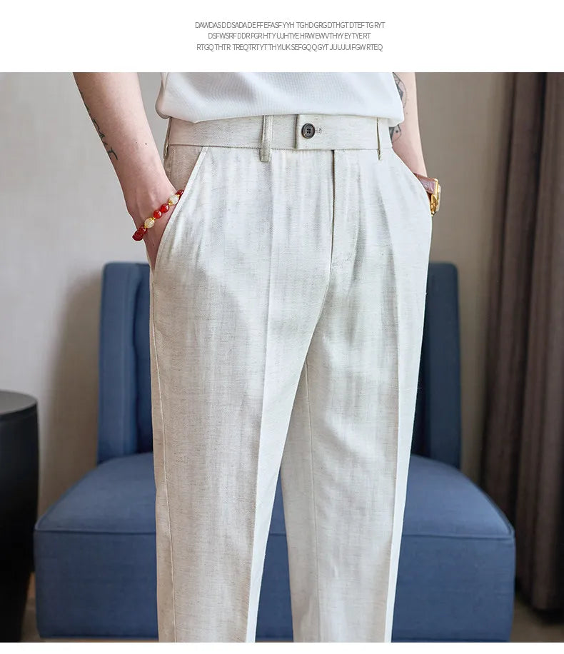 Summer New Linen Breathable Trousers High Quality Fashion Men Straight Casual Pants Men Slim Fit Solid Business Office Suit Pant