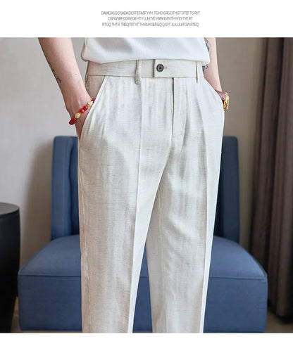 Summer New Linen Breathable Trousers High Quality Fashion Men Straight Casual Pants Men Slim Fit Solid Business Office Suit Pant