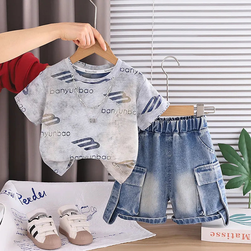 New Baby Boys Girls Summer Clothes Sets Kids Infant Letter T shirt + Denim Shorts 2pcs/sets Children Clothing Tracksuits Set