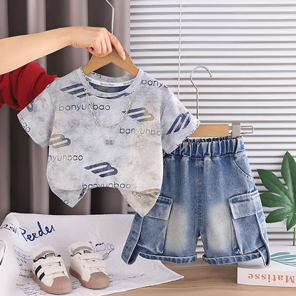 New Baby Boys Girls Summer Clothes Sets Kids Infant Letter T shirt + Denim Shorts 2pcs/sets Children Clothing Tracksuits Set