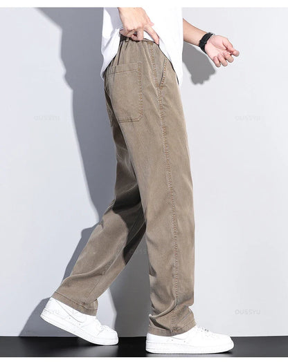 Brand Clothing Summer New Soft Lyocell Fabric Jeans Men Blue Elastic Waist Loose Straight Thin Denim Trousers Male Plus Size 5XL