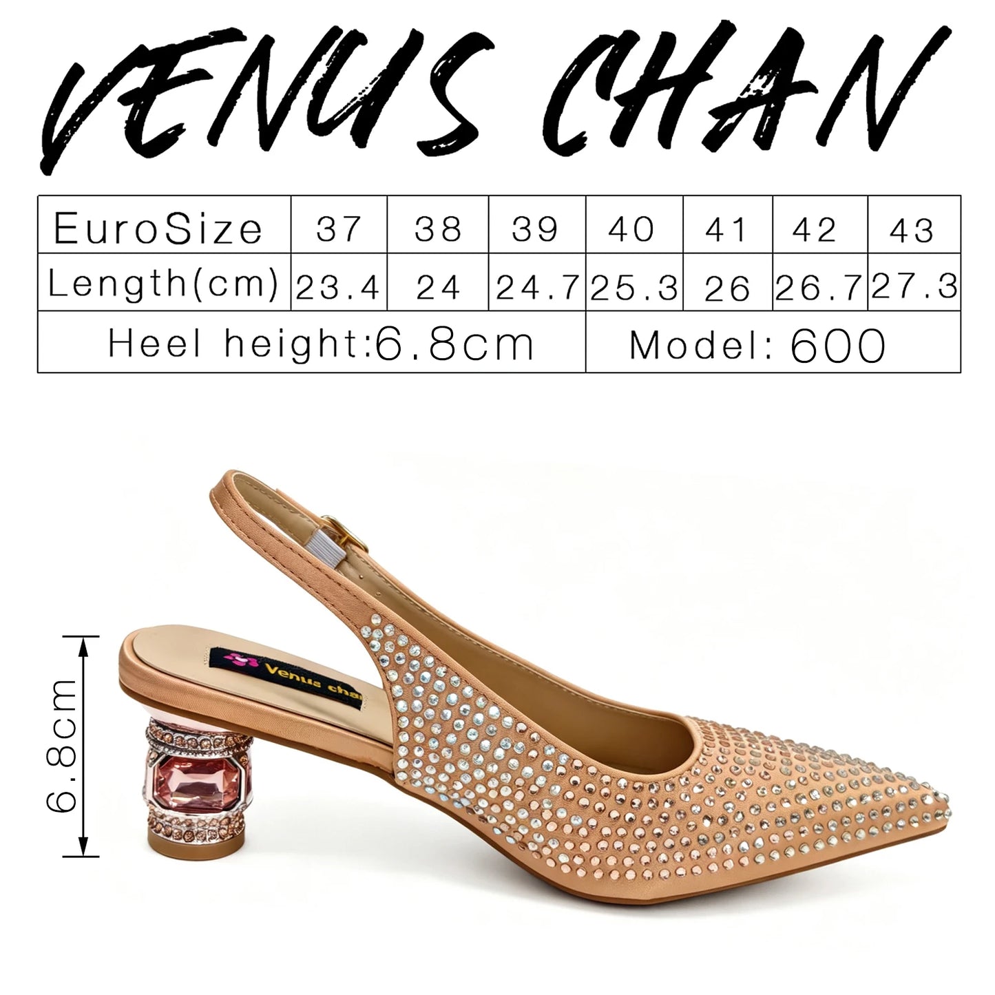 2026 Venus Chan INS Italian Design Women's Crystal Wedding Heels and Handbag Set Peach Color Pointed Toe Party Bridal Footwear