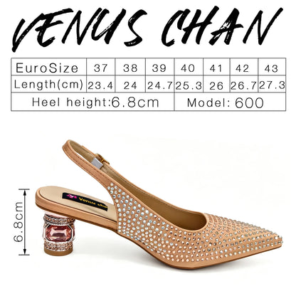 2026 Venus Chan INS Italian Design Women's Crystal Wedding Heels and Handbag Set Peach Color Pointed Toe Party Bridal Footwear