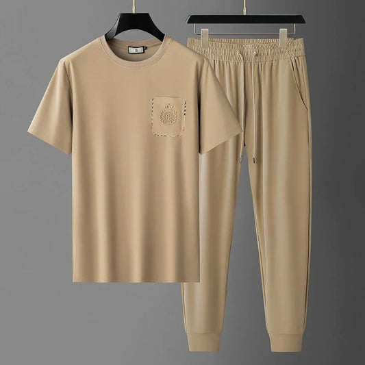 Summer New Fashion Trend Solid Color Short Sleeve T-shirt Set Men's Loose Sport Comfortable Breathable Large Size Two-Piece Set