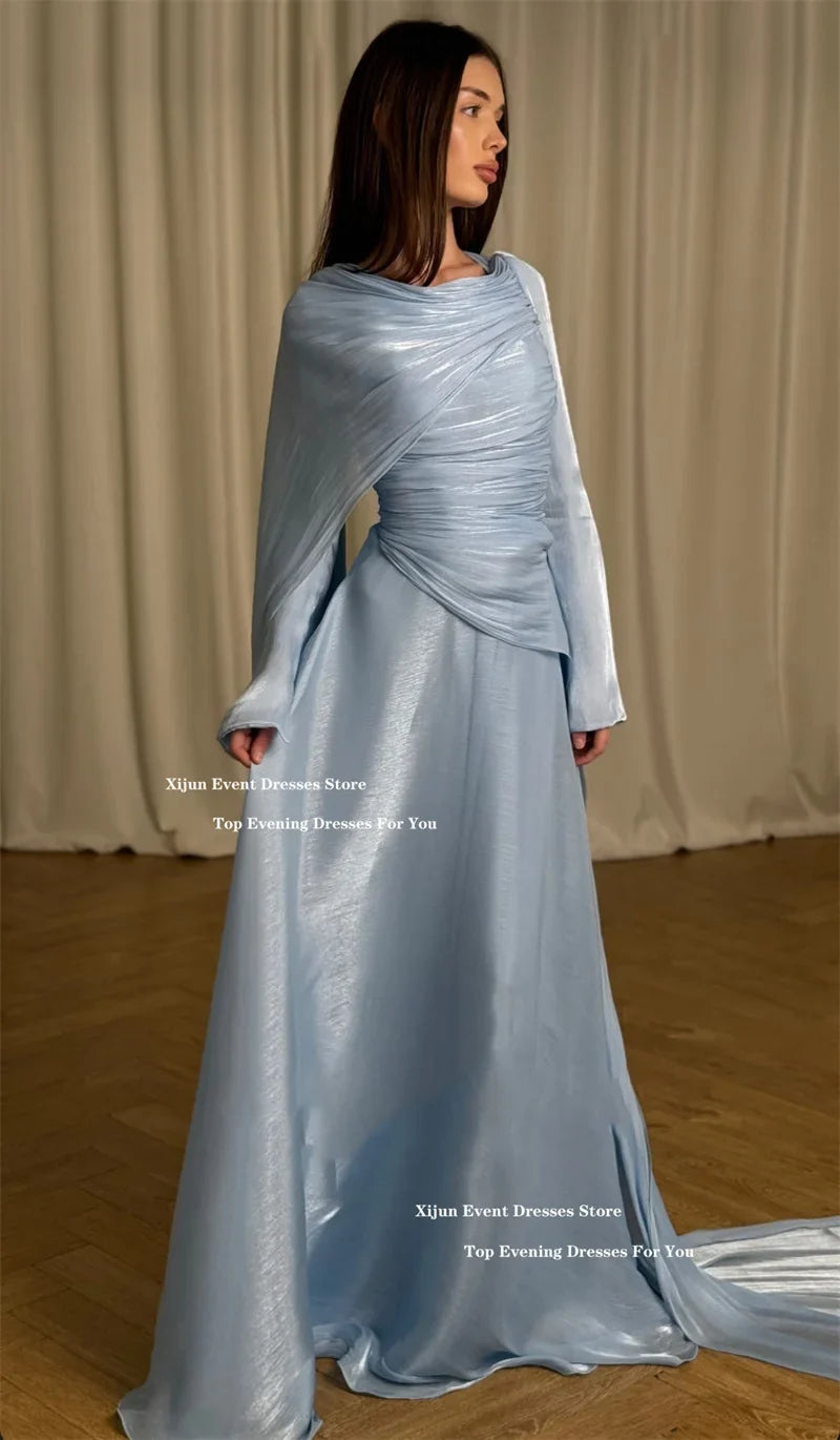 Elegant Sky Blue Long Evening Dresses Pleated A-Line Formal Prom Dresses Cape Sleeve Luxury Dubai Prom Gowns Customized
