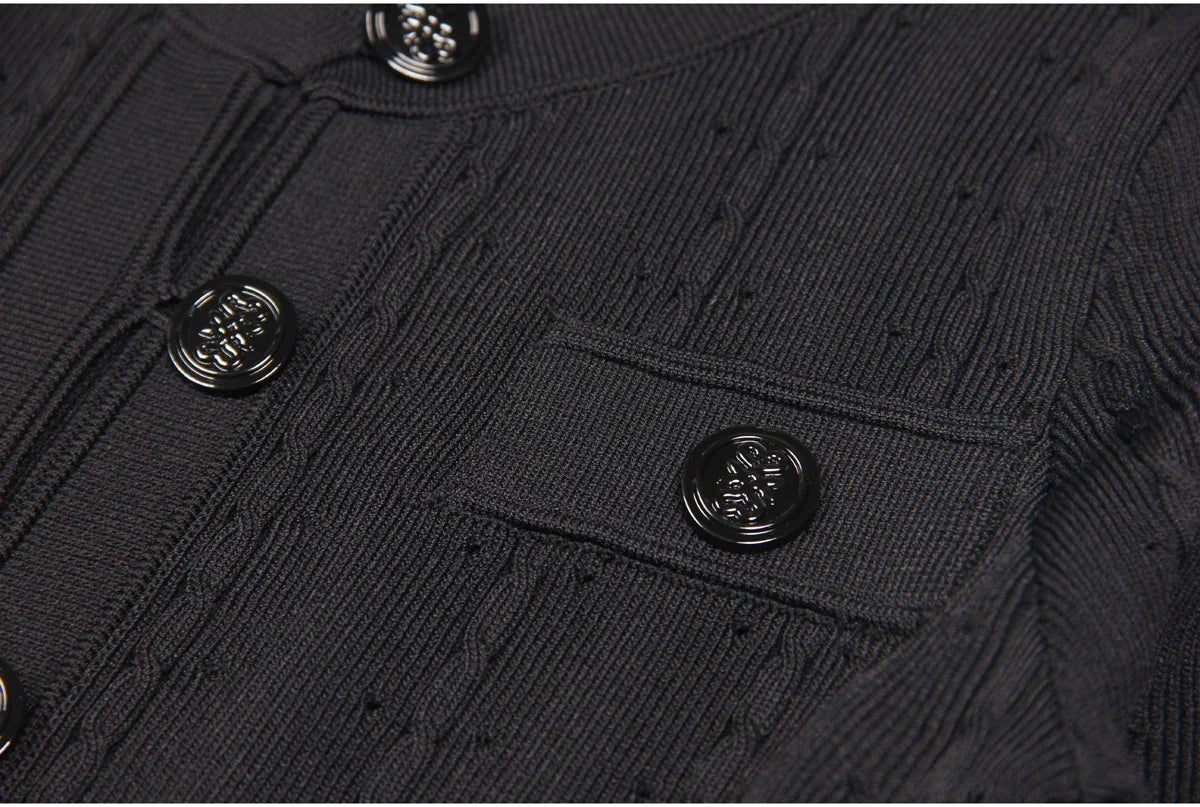 Three Color High-quality New Fashionable Elastic Knitted Hollow Round Neck Single Breasted Short Sleeved Slim Fit Women's Dress
