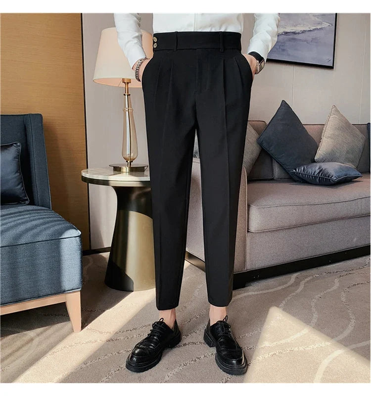 British Style Twill Pleat Design Naples High Waist Casual Trousers Fashion Man Slim Simple Social Party Suit Pant Plus Size 38