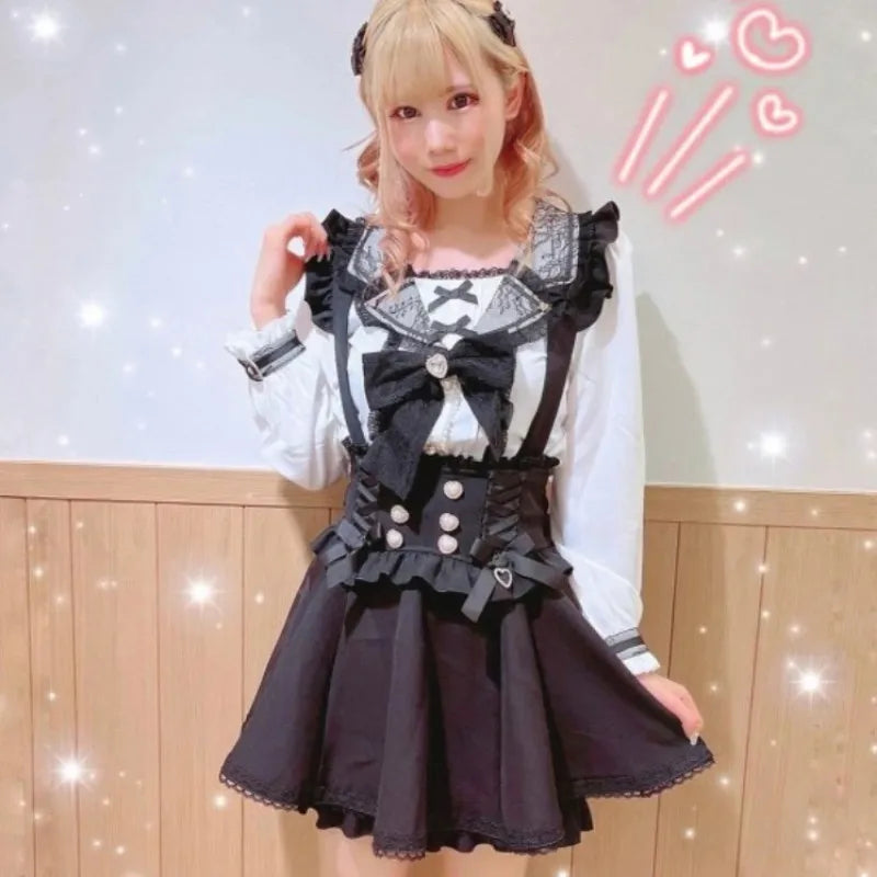 Japanese Gothic Lolita Ribbon Short Suspender plaid Skirt Girls Sweet Cute Lace A-Line Mini Skirts summer2026 black solid kawaii
