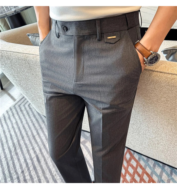 High Quality Modal Acetate Elastic Waist Casual Pants 2026 Spring Summer New Men's Solid Color Slim Fit Business Suit Pants