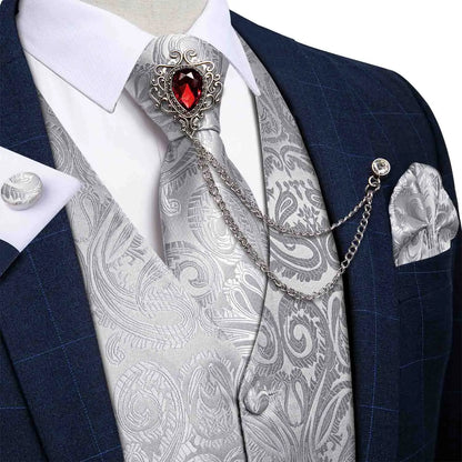 New Teal Green Paisley Formal Dress Vest Men's Suit Vest Waistcoat Tie Brooch Pocket Square Set for Tuxedo