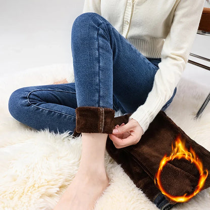 Women's Fleece Warm Winter Jeans Thicken Elastic Skinny Pencil Pants Fashion Korean Slim Plush Thermal Leggings Trousers