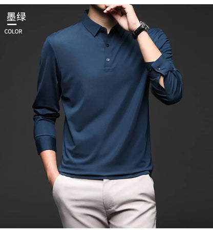 Mulberry Silk Men's Polo Shirts Luxury Long Sleeve Solid Color Golf Male T-shirts Spring Autumn Business Casual Man Tees