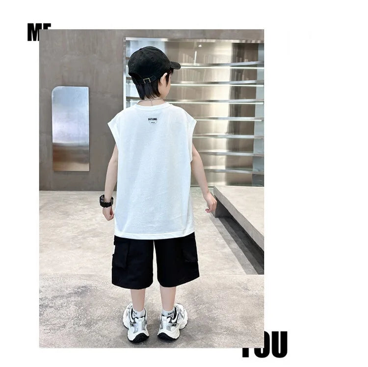 Summer Boys Cotton Sleeveless Alphabet T-Shirt Tops+Shorts Workout Sets School Kids 2PCS Tracksuit Child Jogging Outfits 5-16 Yr