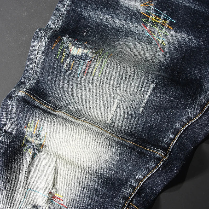 Streetwear Fashion Men Jeans Retro Black Blue Elastic Slim Fit Ripped Jeans Men Spliced Designer Embroidery Hip Hop Denim Pants
