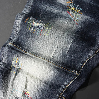 Streetwear Fashion Men Jeans Retro Black Blue Elastic Slim Fit Ripped Jeans Men Spliced Designer Embroidery Hip Hop Denim Pants