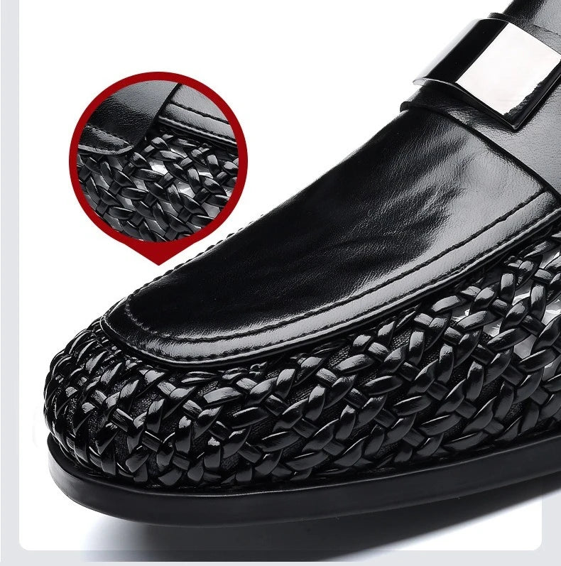 2026 Summer New Hallow Leather Shoes for Man Black Woven Breathable Elegant Shoes Man Fashion Business Loafers Male