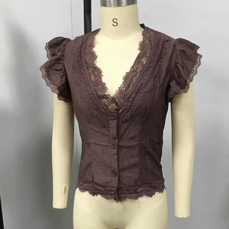 Women Boho Deep V Lace Trim Flutter Sleeve Chiffon Blouse, Sheer Tie Waist Vintage Cropped Vacation Top