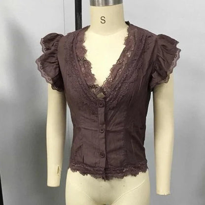 Women Boho Deep V Lace Trim Flutter Sleeve Chiffon Blouse, Sheer Tie Waist Vintage Cropped Vacation Top