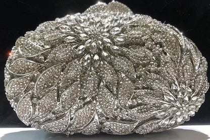 Gold Metal Leaves White Crystals Evening Clutch Bags Luxury Women Wedding Party Purse Ball Handbags Rhinestone Mini Shell Bag