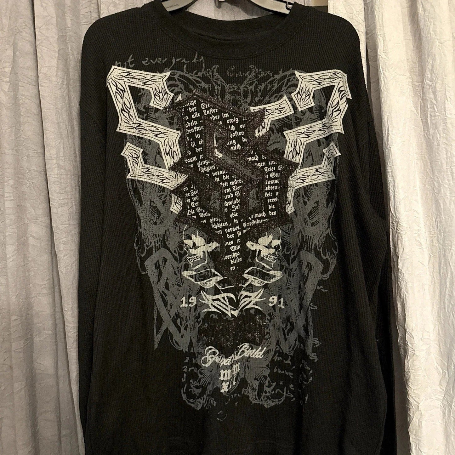 Y2K Nematode Phantom Thread Printing Long Sleeve T Shirt Loose and Heavy Style Old Washed Gothic Retro Street Fashion Top