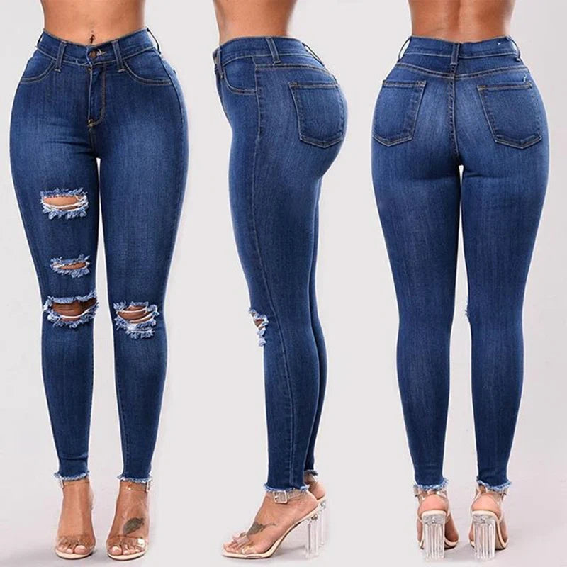 2024 Women Stretch Skinny Ripped Jeans Lady High Waist Pencil Long Pants Narrow Straight Leg Wrap Hips Plus Size S-3XL Trousers
