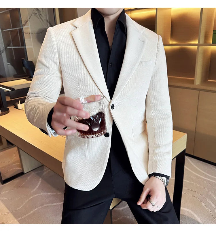 Autumn Winter Fashion Seaweed Pattern Suit Jacket High Quality Luxury Slim Fit Casual Men's Blazers Coats Social Prom Tuxedo