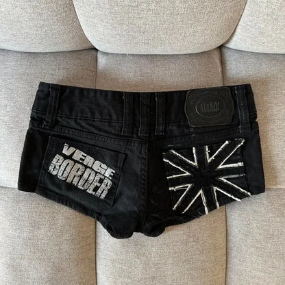 American Y2K Retro Graffiti British Flag Short Jeans Harajuku Women's Washed Denim Shorts Tight Low Waist Shorts
