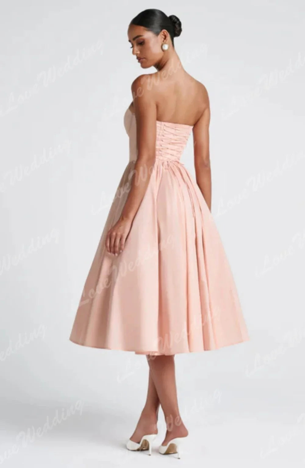 Pink Simple Strapless Prom Gowns Sweetheart Backless Satin A-Line Tea Length Birthday Evening Dress Vestidos De Festa Customized