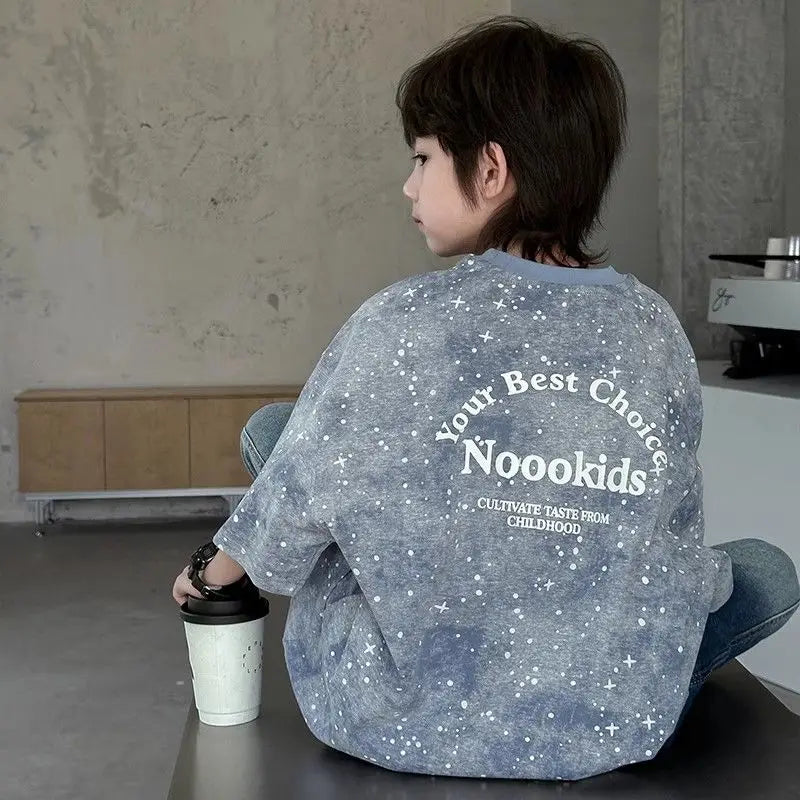 2026 New Boys' Summer Starry Sky Tie Dye Short Sleeve T-Shirt Pure Cotton Stylish Boys' Tops Trendy Summer Wear