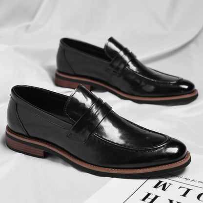 Leather Mens Casual Shoes Leisure Walk Pointed Toe Loafers Thick Bottom and Low Heel Comfy Casual Shoes Classic Business Shoes
