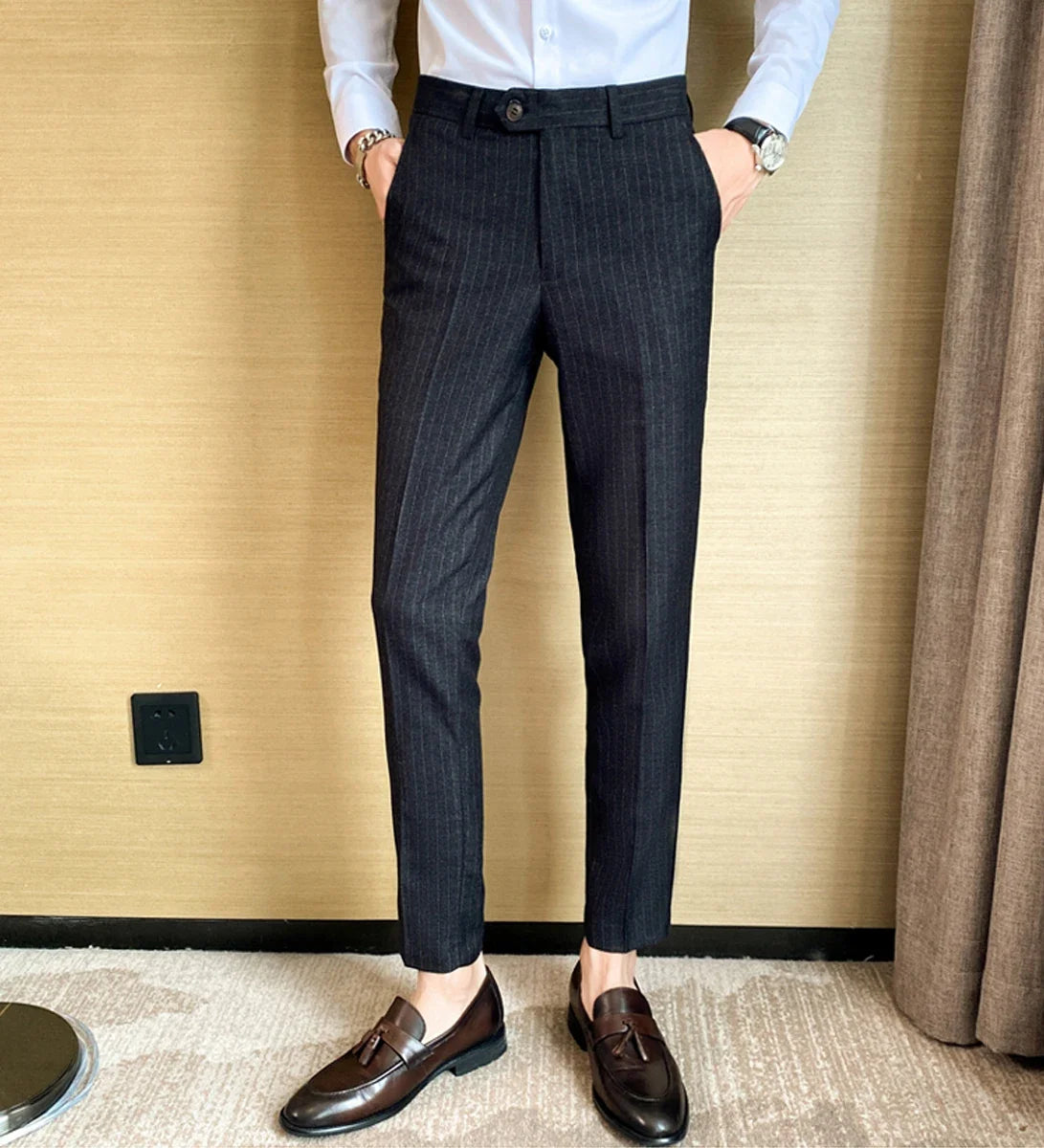 Boutique Classic Plaid and Striped Fashion Men's Casual Business Slim Suit Pants Groom Wedding Dress Trousers Party