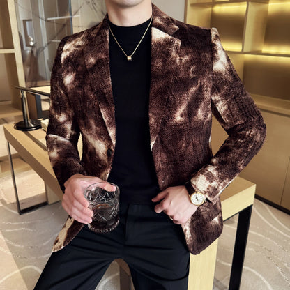 High QualityTie Dye Chenille Men Fashion Casual Suit Jacket Autumn Winter New Korean Slim Fit Social Wedding Suit Blazer