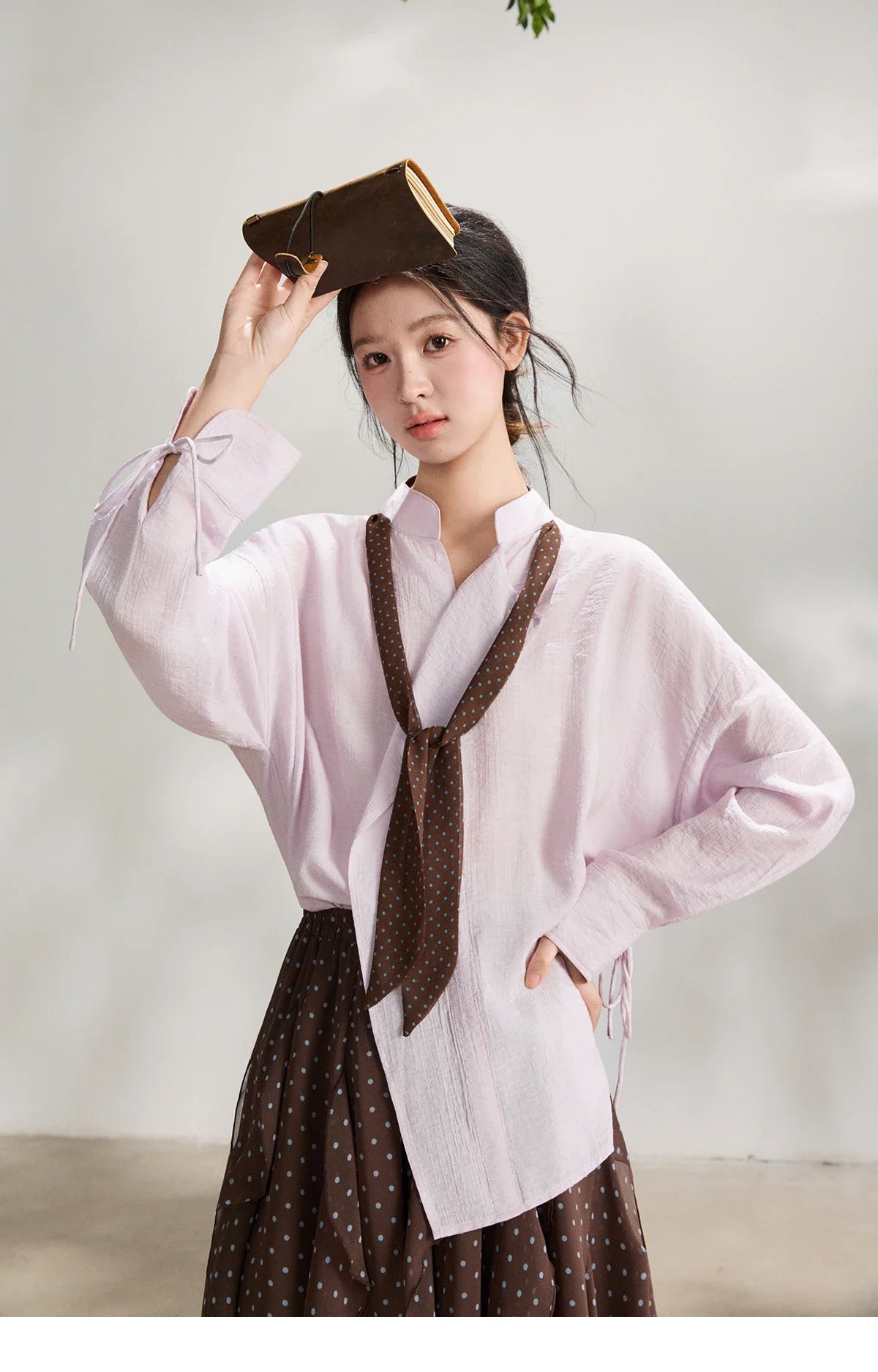 Women's Asymmetric V Neck Shirts 2026 Spring Lapel Casual Loose Tie Cuffs Solid Shirt with Polka Dot Ribbon MXF108X1002
