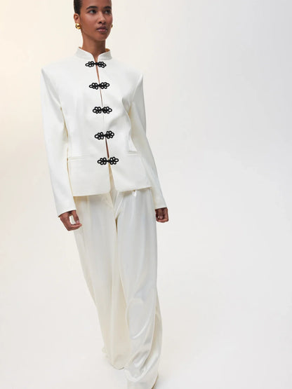 Women's Spring Summer Satin Mandarin Collar Knot Button Blazer Chic Formal Casual Wear 2026 Trendy Feminine Fashion Coat