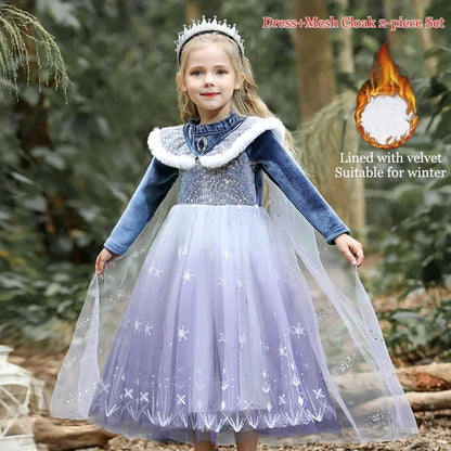 Girls' Spring 2026 New Velvet Elsa Frozen Princess Dress Kids Blue Cape 2 Piece Set Warm Dresses For Girl Party 3-9 Years Old ﻿