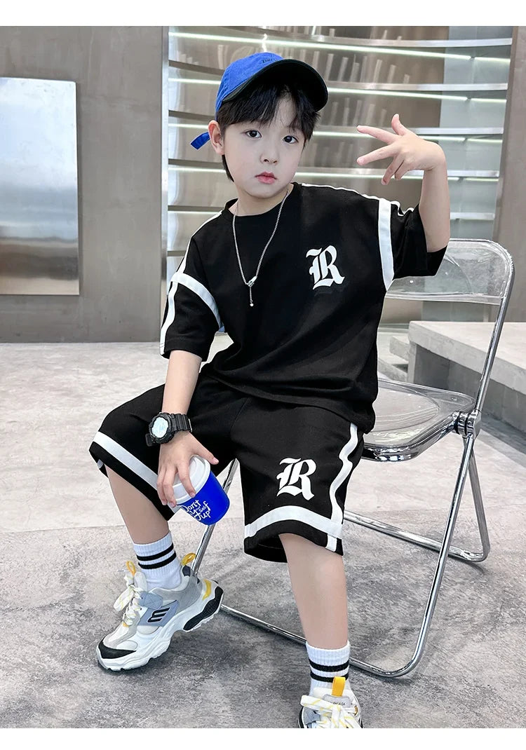 2025 Kids Summer Clothing Boys Top and Bottom Set Beige Black Color T-shirt Shorts 2PCS Tracksuit Set Teens Child Casual Outfit