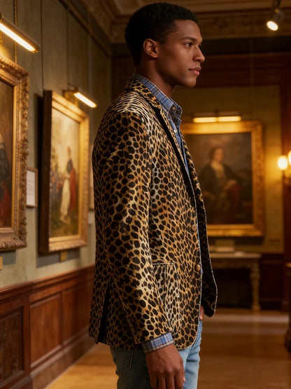 Men's Leopard Print Velvet Blazer Classic Fit Stylish Long Sleeve Notched Lapel Suit Jacket for Nightclub Wedding Streetwear