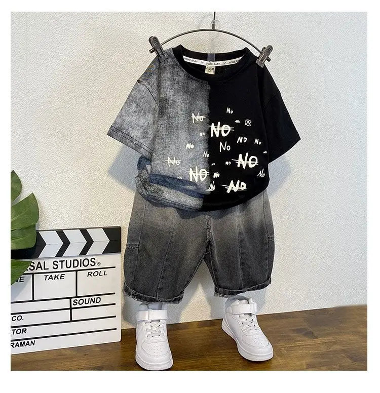 Korean Baby Boys Summer Sets Children's Clothing Short-Sleeved Letter T-Shirt & Denim Shorts Kids Boys Outfits Clothes 2-11Y