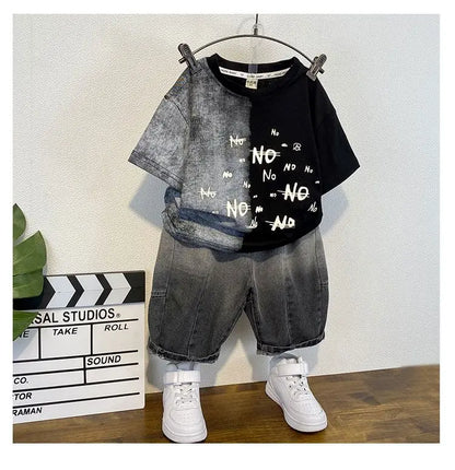 Korean Baby Boys Summer Sets Children's Clothing Short-Sleeved Letter T-Shirt & Denim Shorts Kids Boys Outfits Clothes 2-11Y