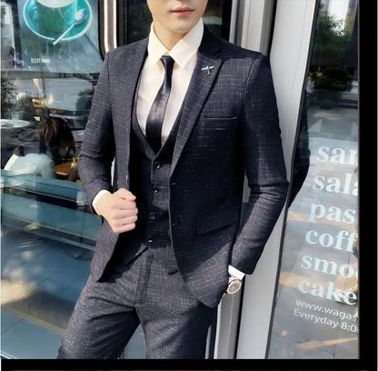 2023 Men's British Fashion Three-piece Set Slim Fit Suit Vest Trousers Ensemble Handsome Trendy All-in-one Banquet Blaze