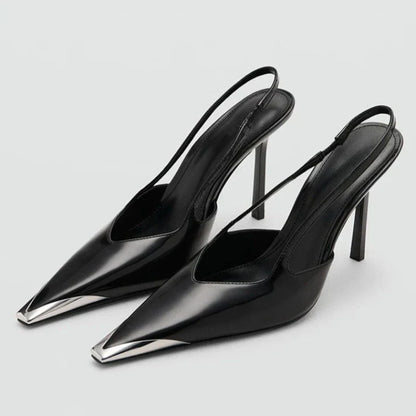 Novelty Metal Pointed Toe High Heels Women 2026 New Elegant Slingback Heeled Sandals Sexy Black Patent Leather Designer Shoes